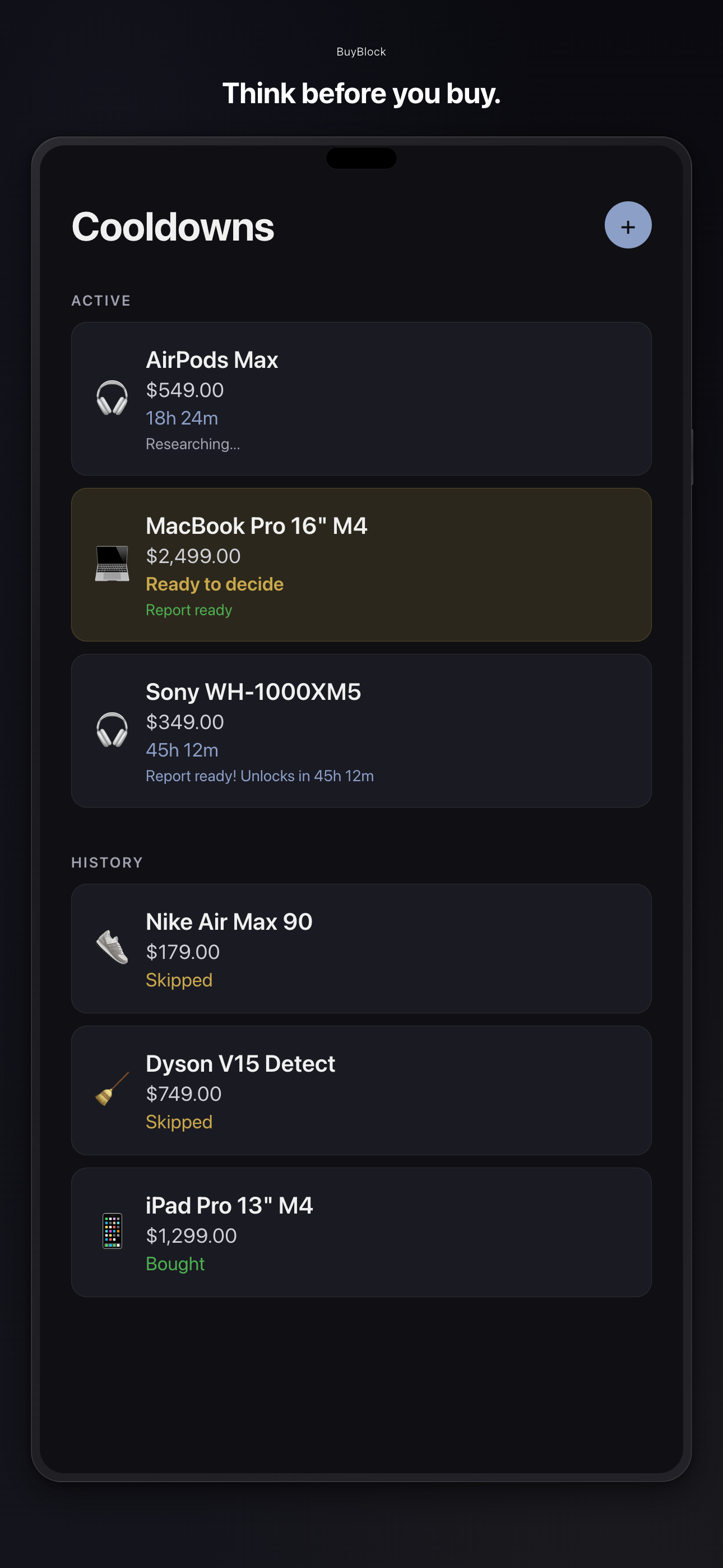 BuyBlock cooldowns screen