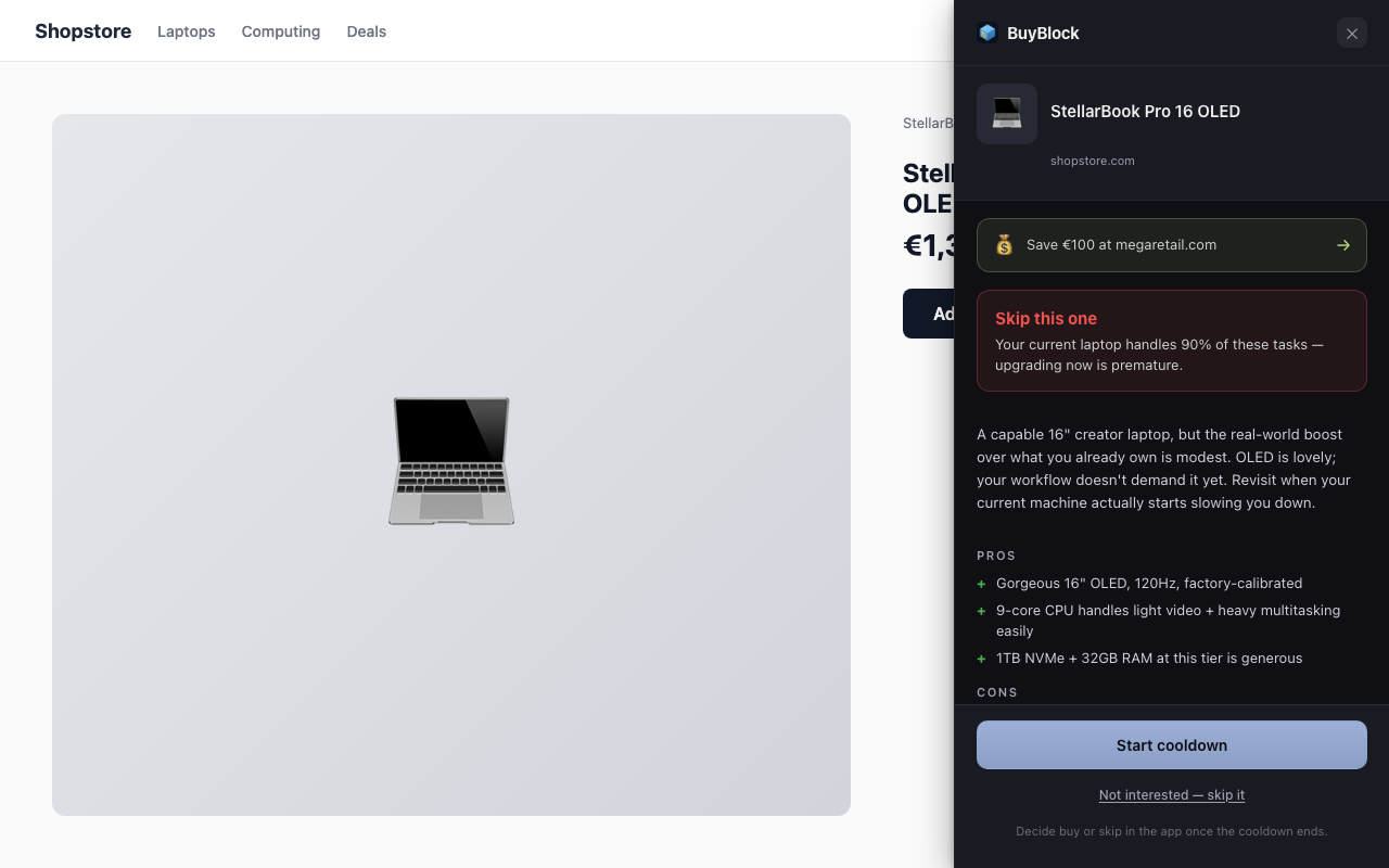BuyBlock extension sidebar showing a research report with verdict, pros and cons, and price comparison